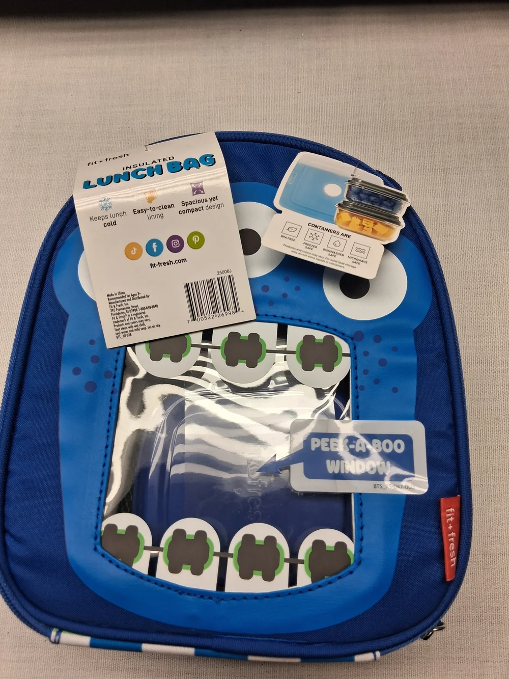 Kids Blue Monster Lunch Bag with Peek-A-Boo Window